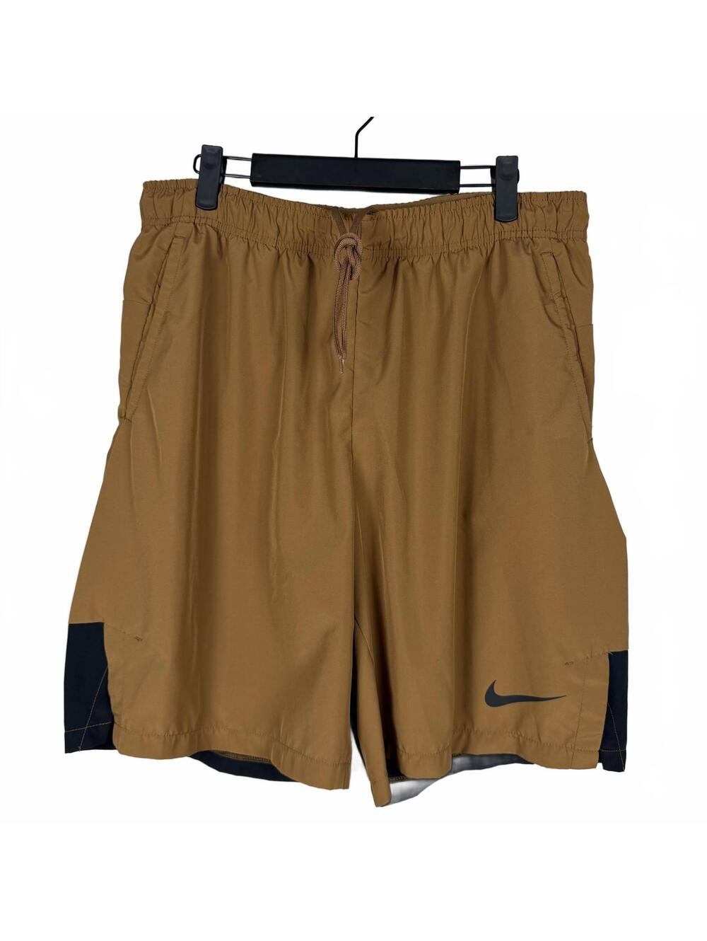 Nike DRI-FIT Men’s Athletic Shorts Brown Tan Black Swoosh Size L Drawstring